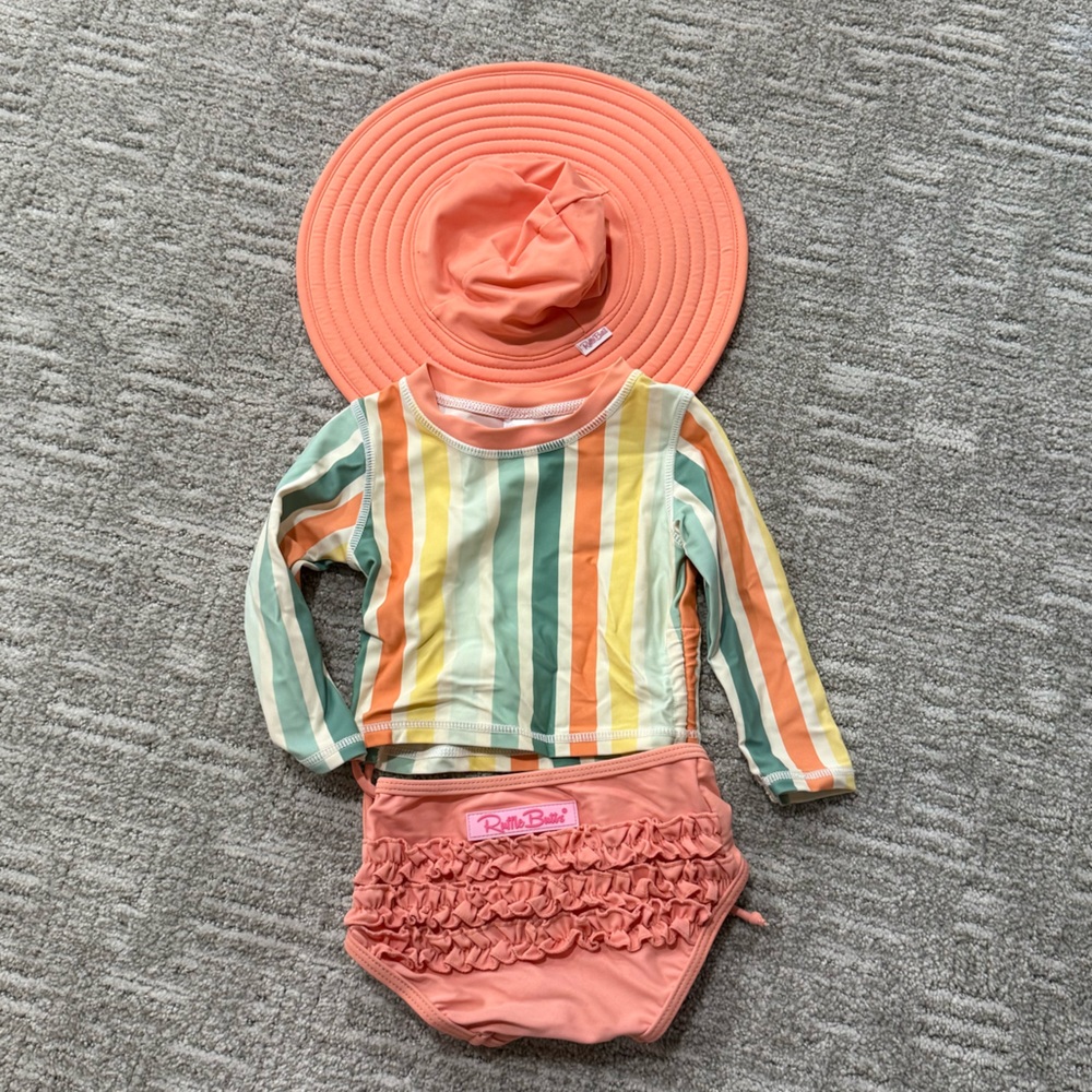 Ruffle Butts Colorful Striped Bikini Set with Hat